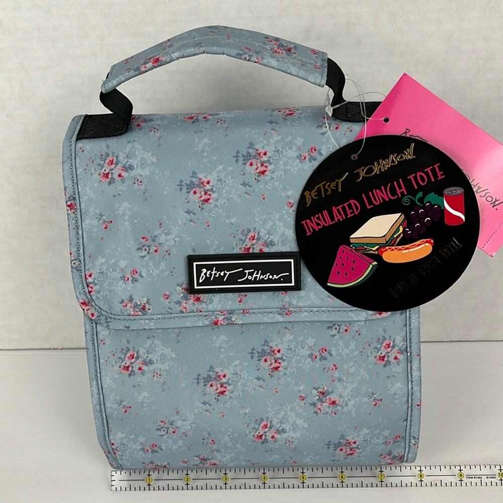 Betsey Johnson Flap Top Lunch Tote Insulated Baby Blue Roses Print